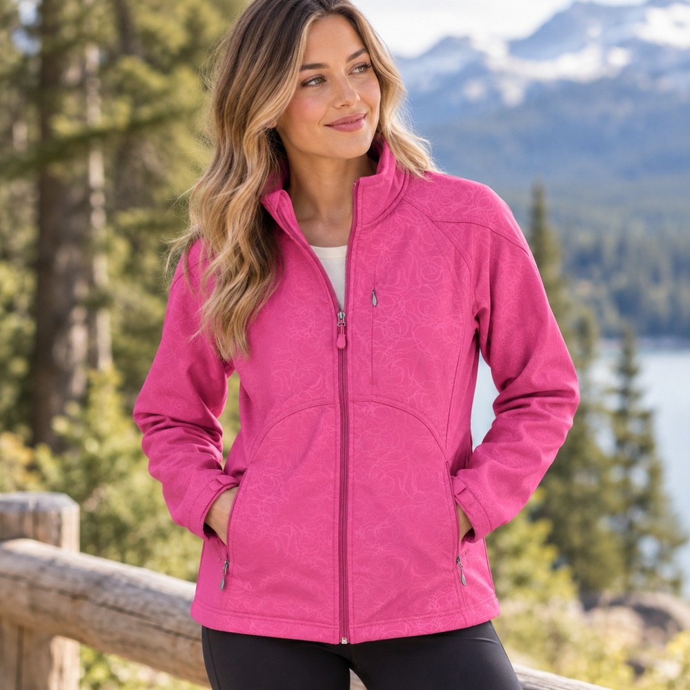 Double Diamond Softshell Jacket Womens Large Pink Floral Full Zip Fleece Lined